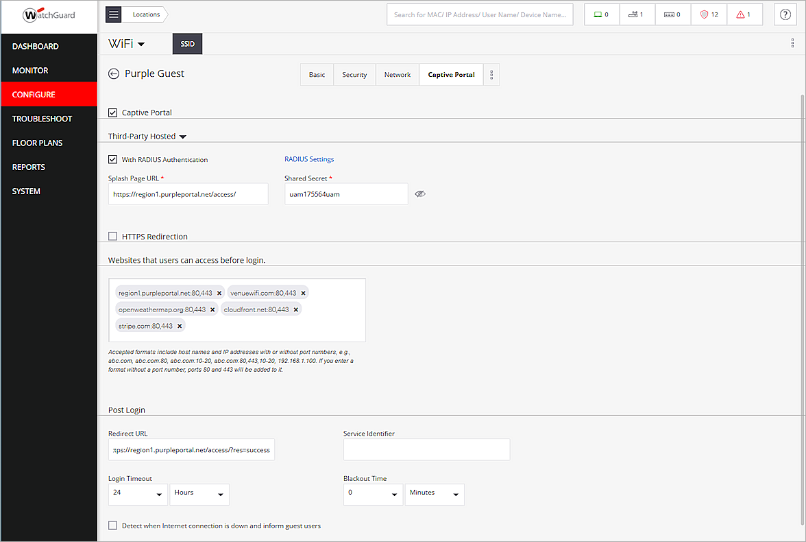 Screenshot of the SSID configuration page - Captive Portal settings